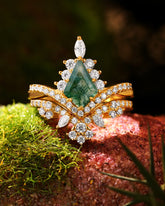 CEDRELLA Unique Art Deco Curved Halo Wedding Ring Kite Cut Moss Agate Engagement Ring set